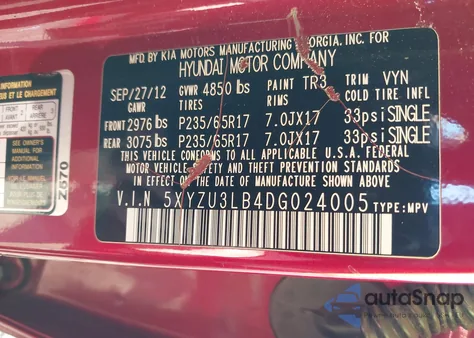 2013 Hyundai Santa Fe Sport из США, поврежденный, VIN 5XYZU3LB4DG024005